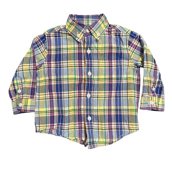 Janie and Jack Plaid Madras Button Up Shirt Baby Boys 6-12 Mos Multicolor Cotton - Picture 1 of 6